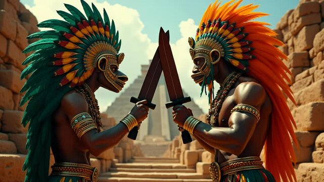 Epic battle between Aztec warriors on pyramid staircase with vibrant feathers and obsidian blades