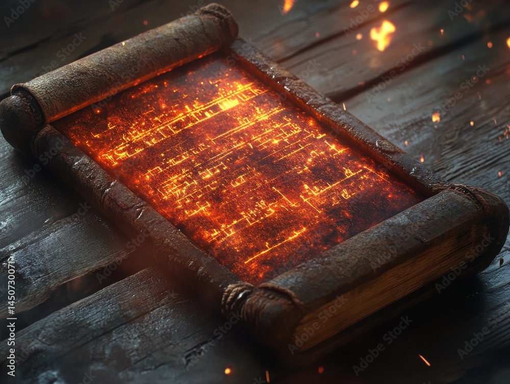 Poster Ancient Scroll of Fiery Prophecy: A Mystical Grimoire Illuminating Lost Lore and Revealing Secrets Within an Old Tome on a Weathered Wood Surface