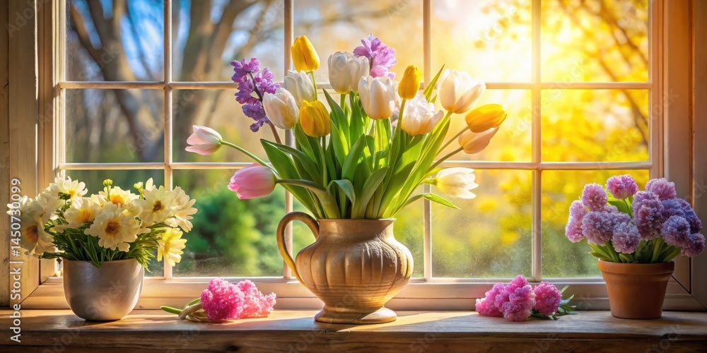 Aufkleber A Windowsill Display of Spring Flowers in a Golden Jug with Soft Sunlight Streaming Through the Window