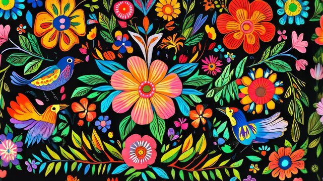 Vibrant traditional floral animation with colorful birds and blossoming patterns