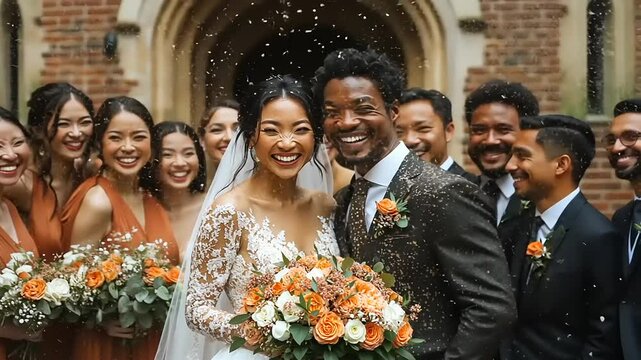 Joyful wedding party showered with confetti