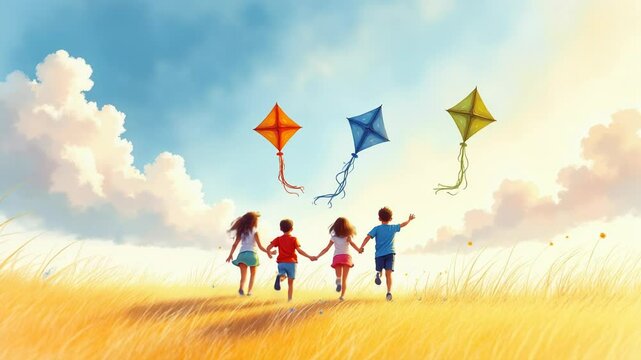 Kids joyfully run with colorful kites in a sunny summer field filled with vibrant colors and expressive brushstrokes
