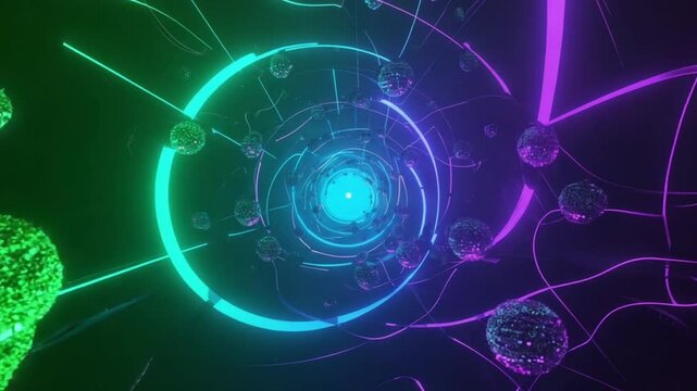 A garden of glowing qubits, quantum particles. qubit pulses energy, states vibrant, particles patterns air, quantum entanglement. landscape neon green, electric blue, radiant purple