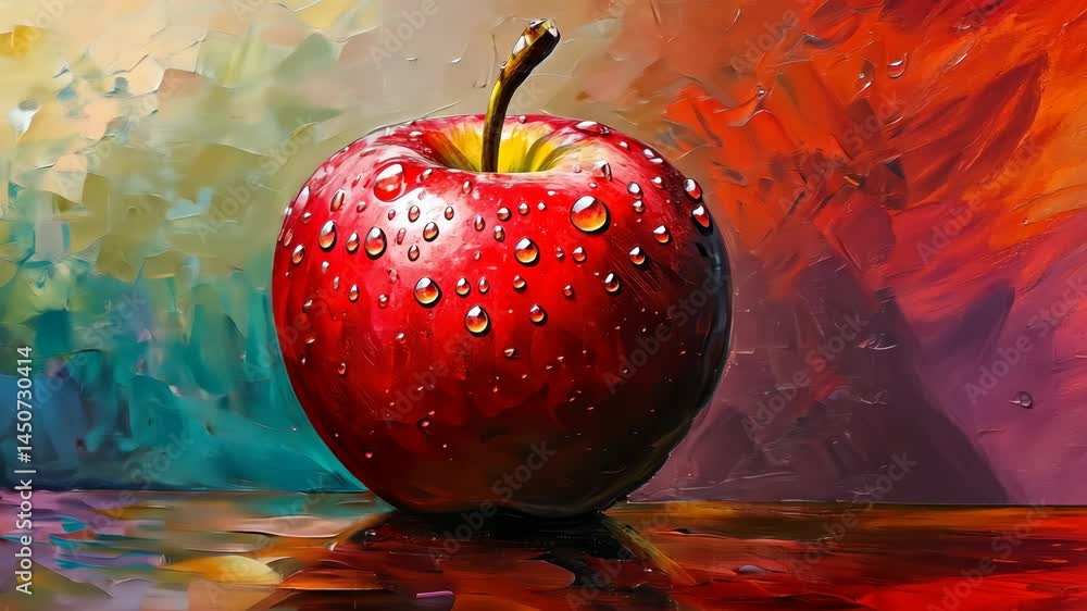 Poster vibrant red apple painting with shimmering droplets and colorful background transition