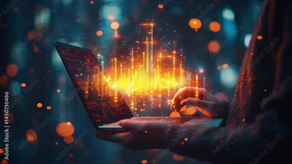 Poster hands holding a laptop with glowing data visualizations