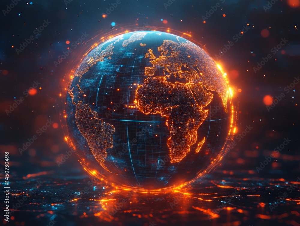 Aufkleber global connectivity: a digital world network with orange and blue illuminated continents and data gr