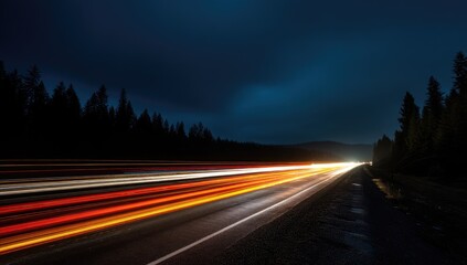 Fototapeta premium Night highway scene with blurred car lights streaks. Dark forest and mountain silhouette
