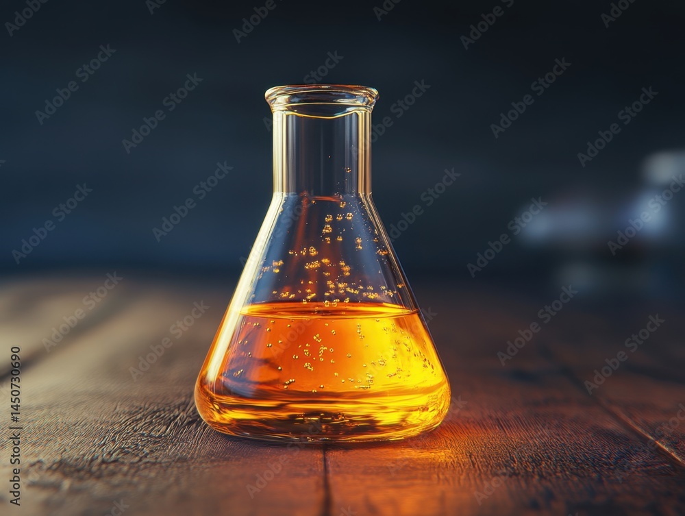 Poster erlenmeyer flask with golden liquid on a wooden surface in a laboratory setting for science