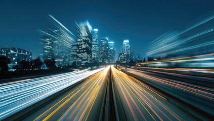 City highway at night with blurred motion.  Modern urban buildings in background, illuminated by fast-moving vehicles.  Long light trails from cars and traffic