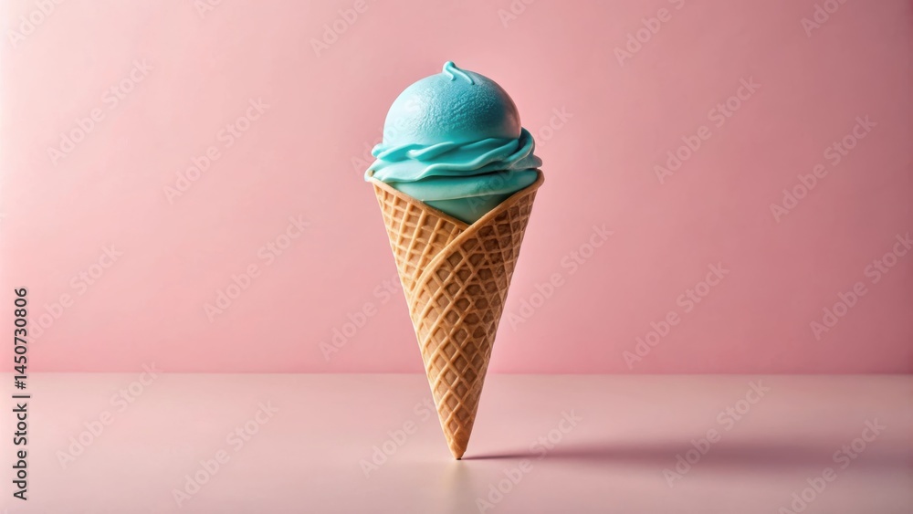 Poster a single scoop of blue ice cream in a crisp waffle cone on a pink background