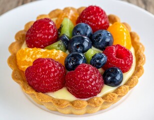 A freshly baked French fruit tart with a golden pâte sablée crust, filled with lemon curd and crème pâtissière, topped with vibrant berries and a delicate glaze, captured in soft morning light.