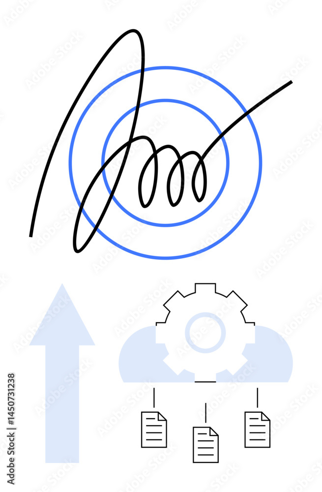 Poster stylized signature over circular target, arrow pointing upward, cloud with gear, and linked document