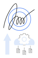 Stylized signature over circular target, arrow pointing upward, cloud with gear, and linked documents. Ideal for success, e-signature, digital workflow, innovation, goal setting technology flat