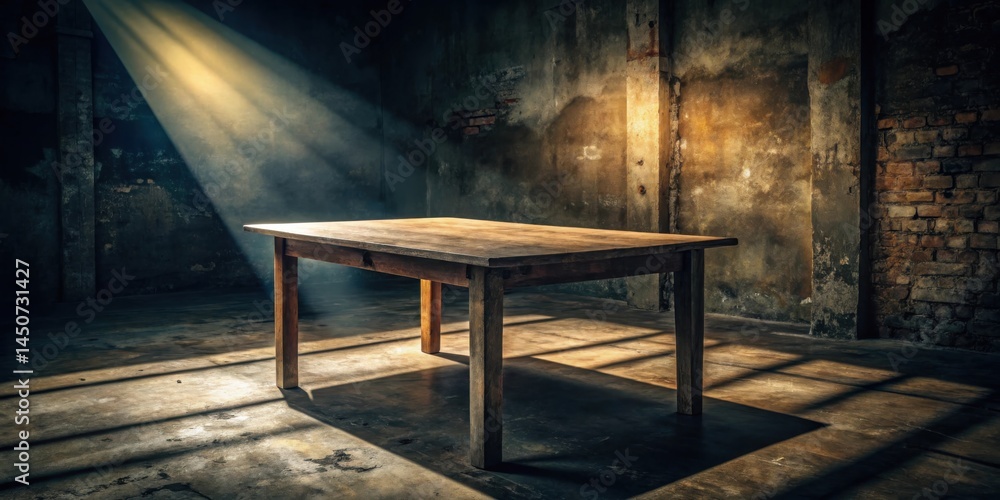 Poster A solitary wooden table stands in a dimly lit room, bathed in a single beam of light streaming through a window, casting long shadows across the rough concrete floor.