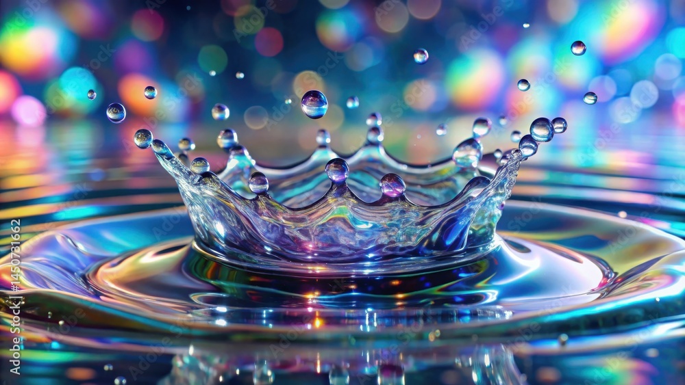 Leinwandbilder a single water drop creates a crown-shaped splash on a shimmering surface, illuminated by a colorful
