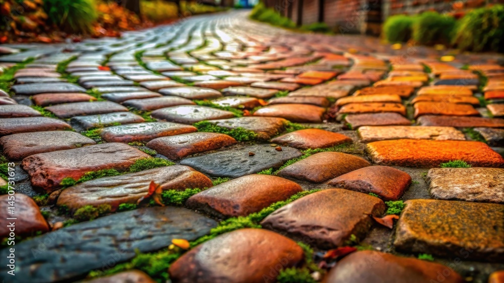 Aufkleber a winding cobblestone path, a mosaic of weathered stones, with vibrant green moss growing between th