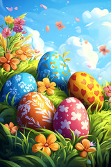 Colorful decorated Easter eggs resting on vibrant grass surrounded by blooming flowers under a blue sky