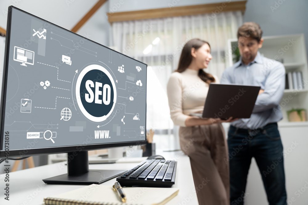 Poster seo search engine optimization for brisk e-commerce and online retail business showing on computer s