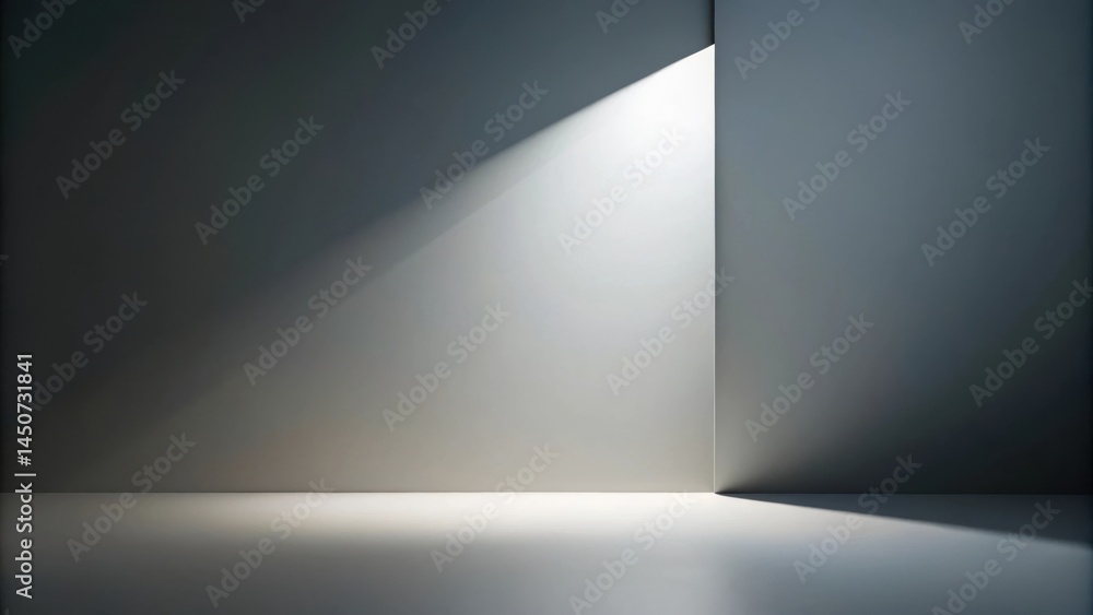 Poster A single beam of light illuminates a corner of an empty room, casting a stark contrast between the bright and dark spaces.