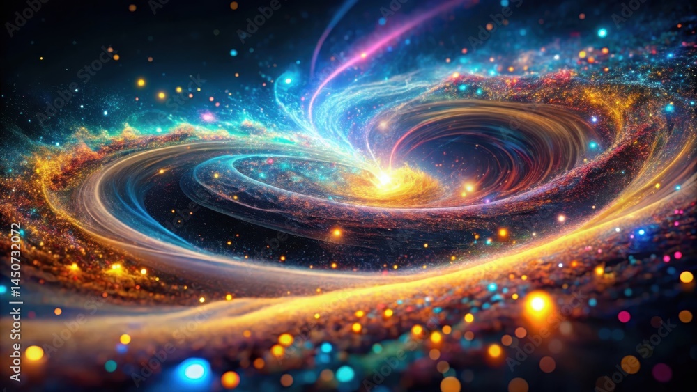 Poster a cosmic vortex of light and stardust, swirling and erupting in a symphony of colors
