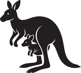 A black vector silhouette illustration shows a funny wild kangaroo mammal with its joey, a marsupial from Australia