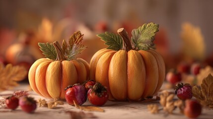 Two small pumpkins with autumn leaves, surrounded by fall-colored berries and leaves. A warm, cozy autumn scene.