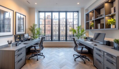 Modern office, city view, two desks, herringbone floor, workspace