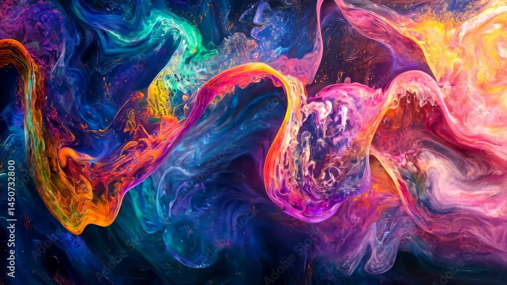 Poster vibrant abstract liquid motion in cosmic color waves captured in dynamic sequence