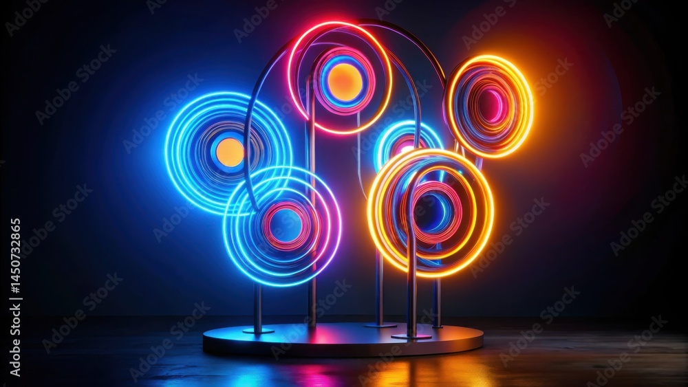 Poster a vibrant abstract display of glowing neon rings, a captivating interplay of color and light, on a d