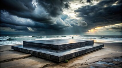 A minimalist platform overlooking a dramatic seascape with stormy clouds and a sliver of sunlight breaking through
