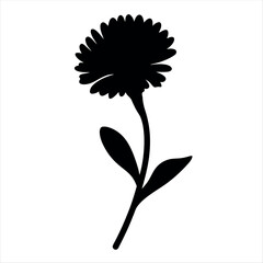 Silhouette of a beautiful blooming flower with stem and two leaves