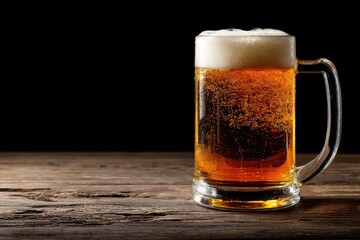 Cold lager beer with foamy head in mug on rustic table, black background enhances contrast, ideal for posters, menus, or beer packaging