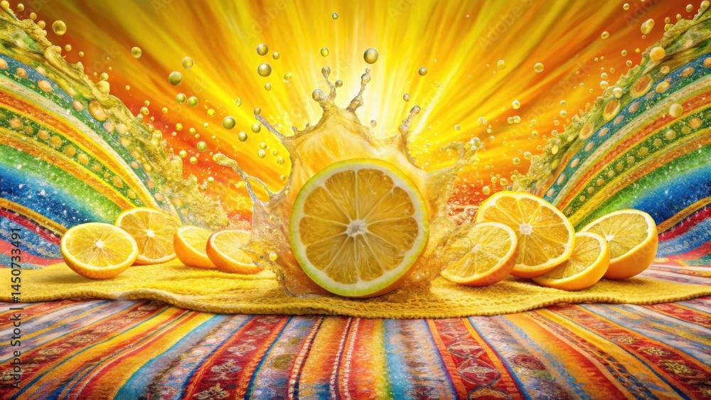 Poster a splash of citrus juice with lemons and a vibrant rainbow background creates a visually appealing a