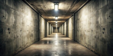 A long, narrow, concrete corridor with overhead lights casting shadows on the walls and floor