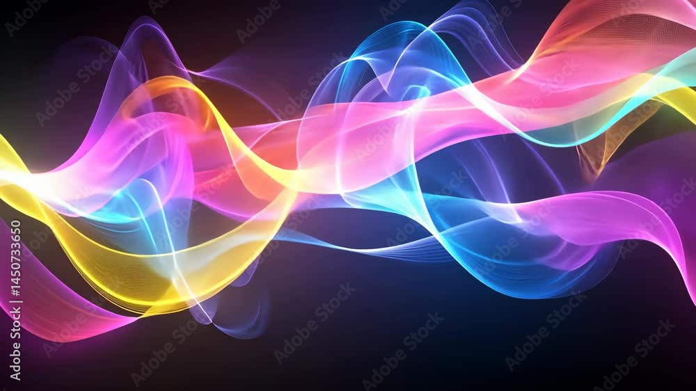 Poster vibrant multicolored light waves in dynamic movement across dark background
