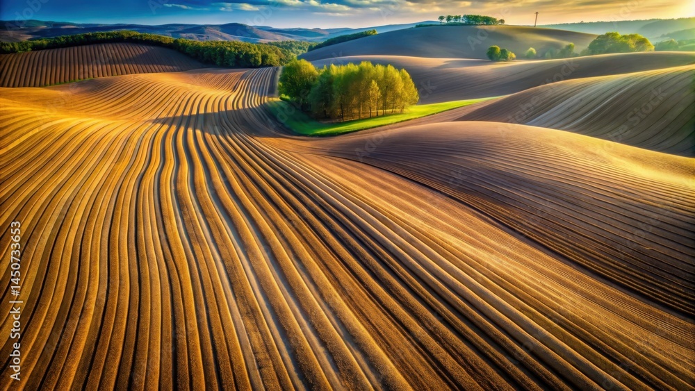 Poster A golden field of furrows sculpted into gentle waves by the wind, bathed in the soft glow of a setting sun.
