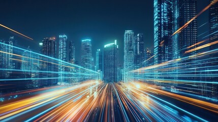 Obraz premium City at night with light trails and skyscrapers