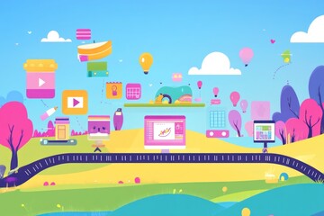 Naklejka premium Colorful illustration of creative process, ideas, and technology integration in a playful landscape.
