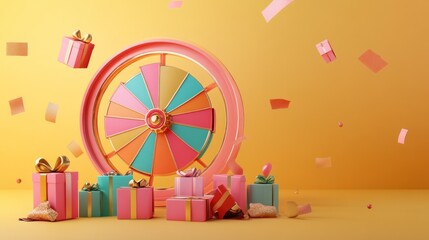 Colorful wheel of fortune with gifts.