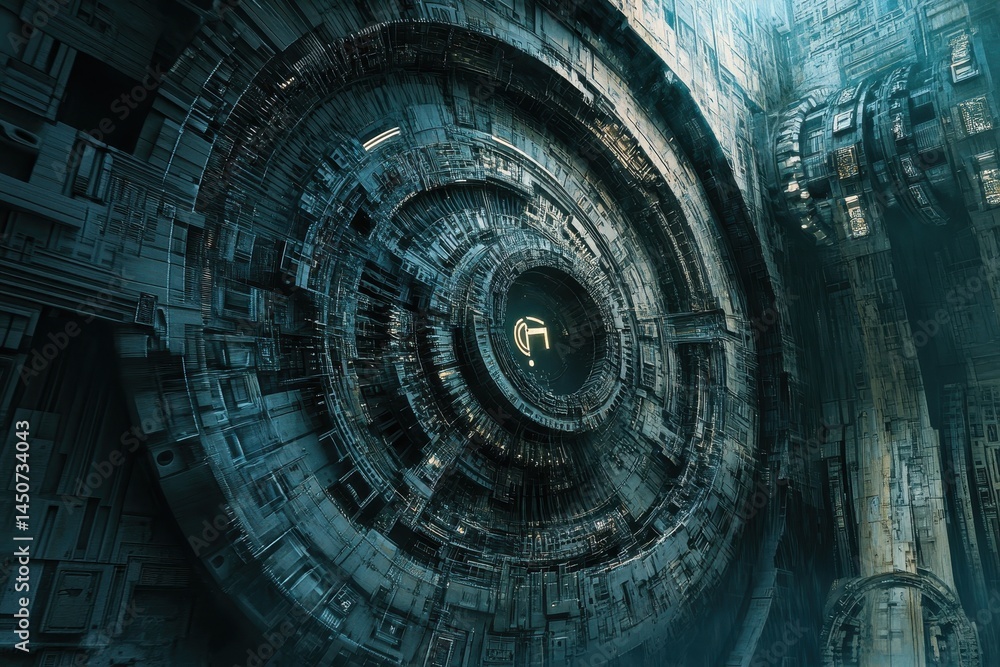 Poster mathematical data processing illustrates intricate cogs in a futuristic digital environment, mathema