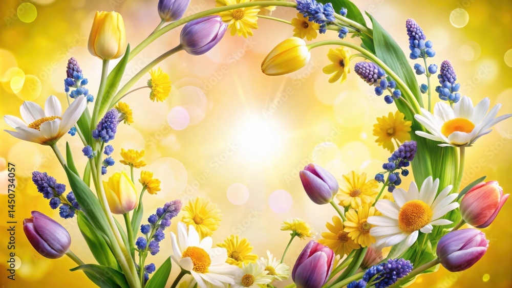 Poster A vibrant bouquet of spring flowers arranged in a circular shape against a golden bokeh backdrop