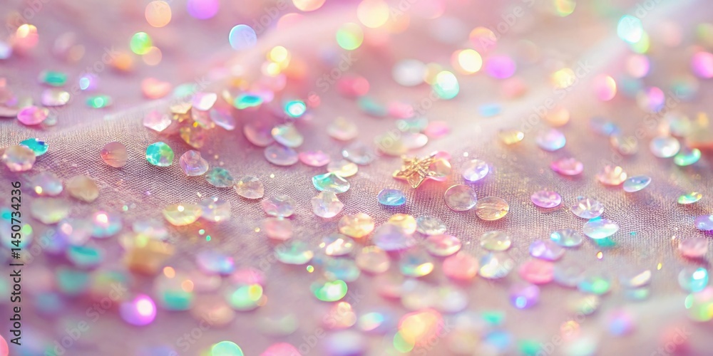 Poster A delicate layer of iridescent sequins scattered across soft pink fabric, catching the light and reflecting a rainbow of colors.