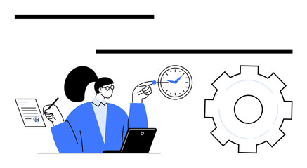Female professional holding pen near clock, laptop, paper, and gear icon emphasizing time and task management. Ideal for productivity, workflow, business planning, project strategy, efficiency time