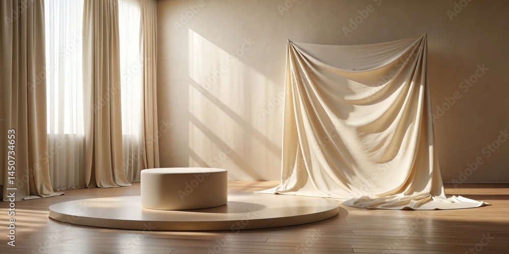 Poster a minimalist studio backdrop featuring a draped fabric and a round pedestal, illuminated by natural 