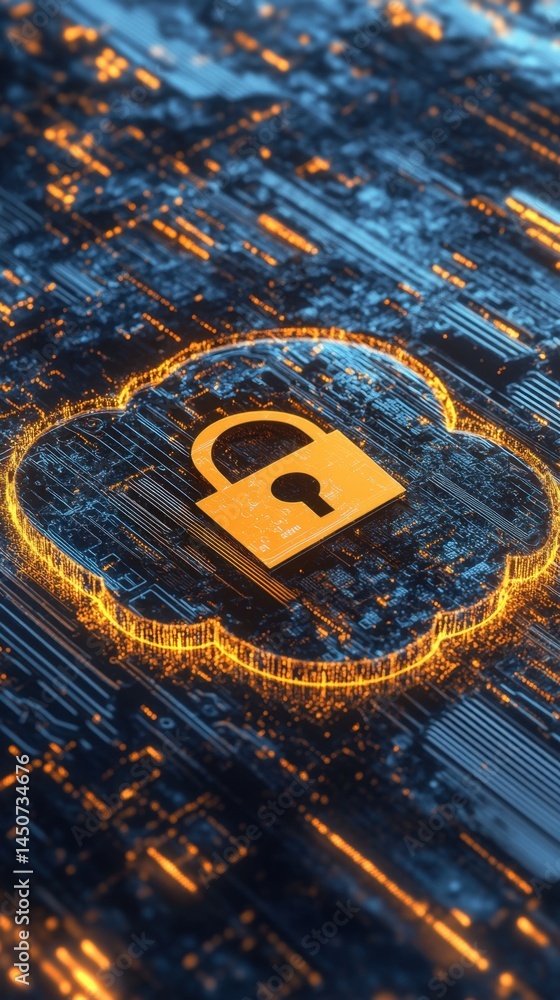 Aufkleber digital cloud security concept with golden padlock on circuit board background for data protection