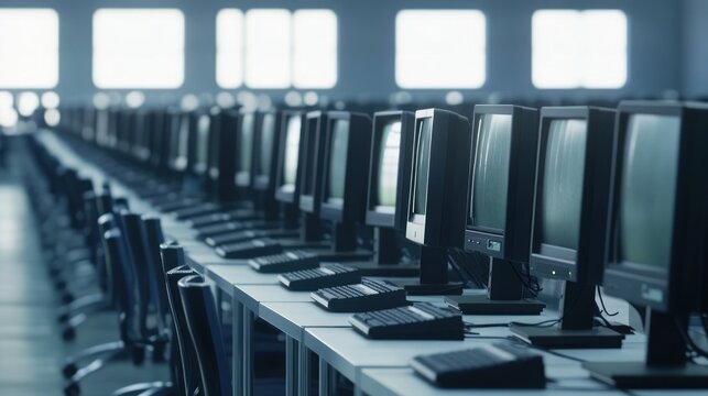 Rows of vintage computers in a bright, spacious room.