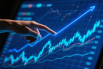 Depicting a upward trend in a market in a financial graph analysis. A hand pointing a rising line graph which presents growth and success. 