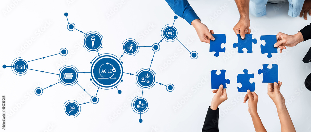 Leinwandbilder Dynamic image showcasing hands holding blue puzzle pieces amidst agile methodology icons, symbolizing teamwork, problem-solving, and creative collaboration in a business context. Amity