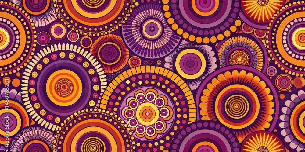 Poster a kaleidoscopic pattern of concentric circles, stylized flowers, and dots, rendered in warm hues of 