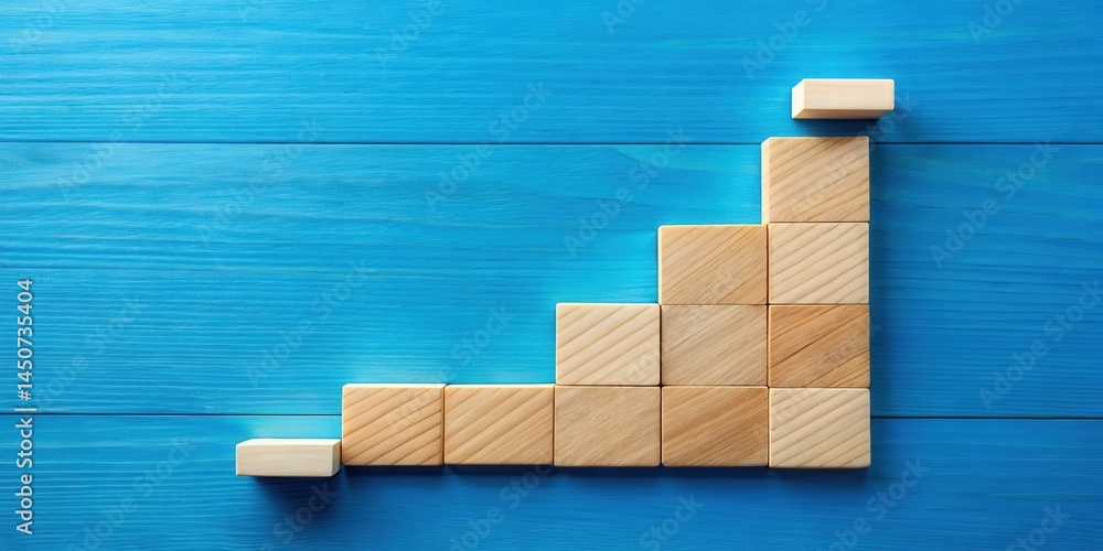 Poster wooden blocks arranged in an ascending staircase pattern on a blue background